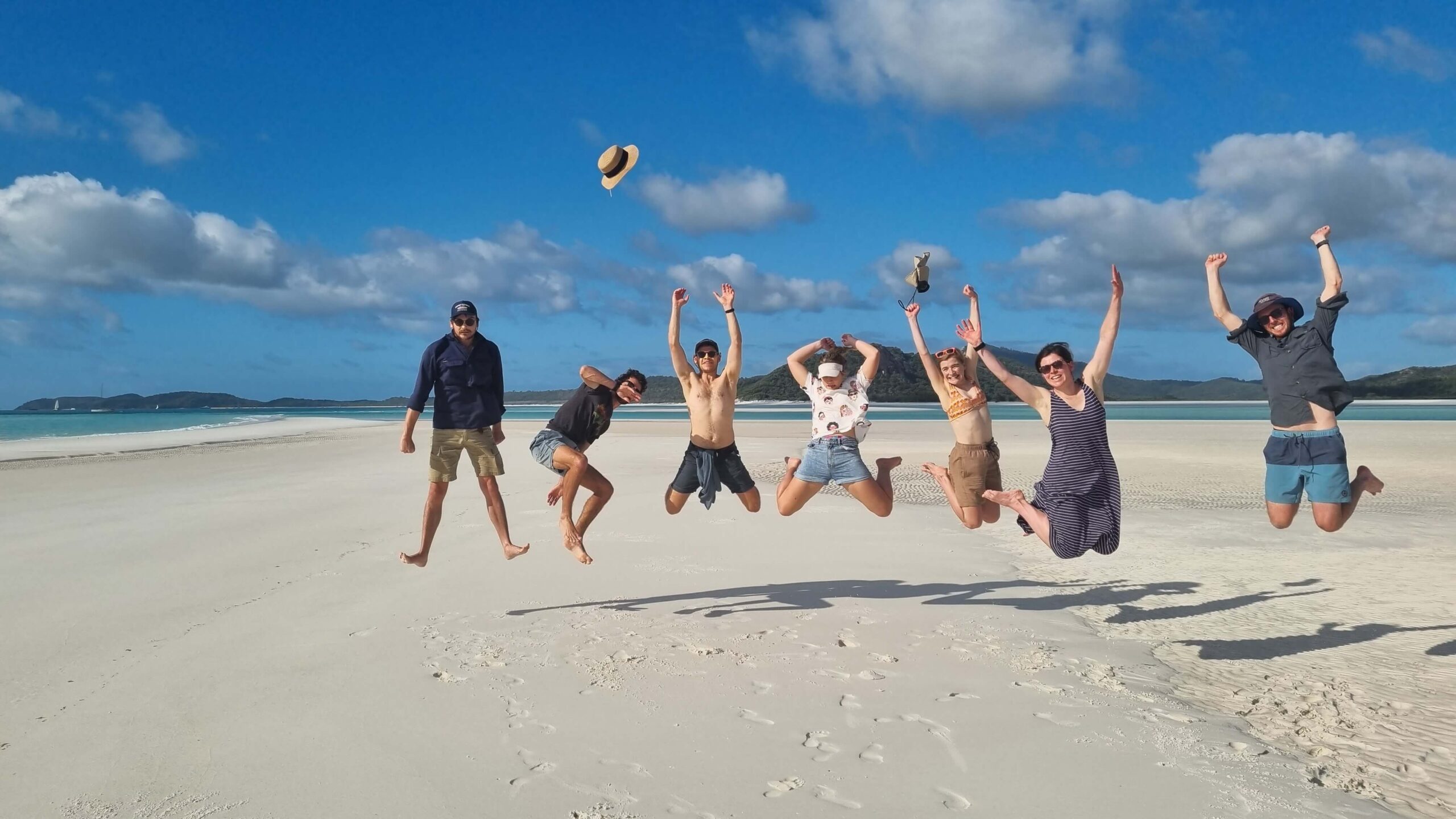 Nick, Jacques, Toby, Sophie, Lizzie, Alison and Sam on Whitehaven Beach, the Whitsundays.